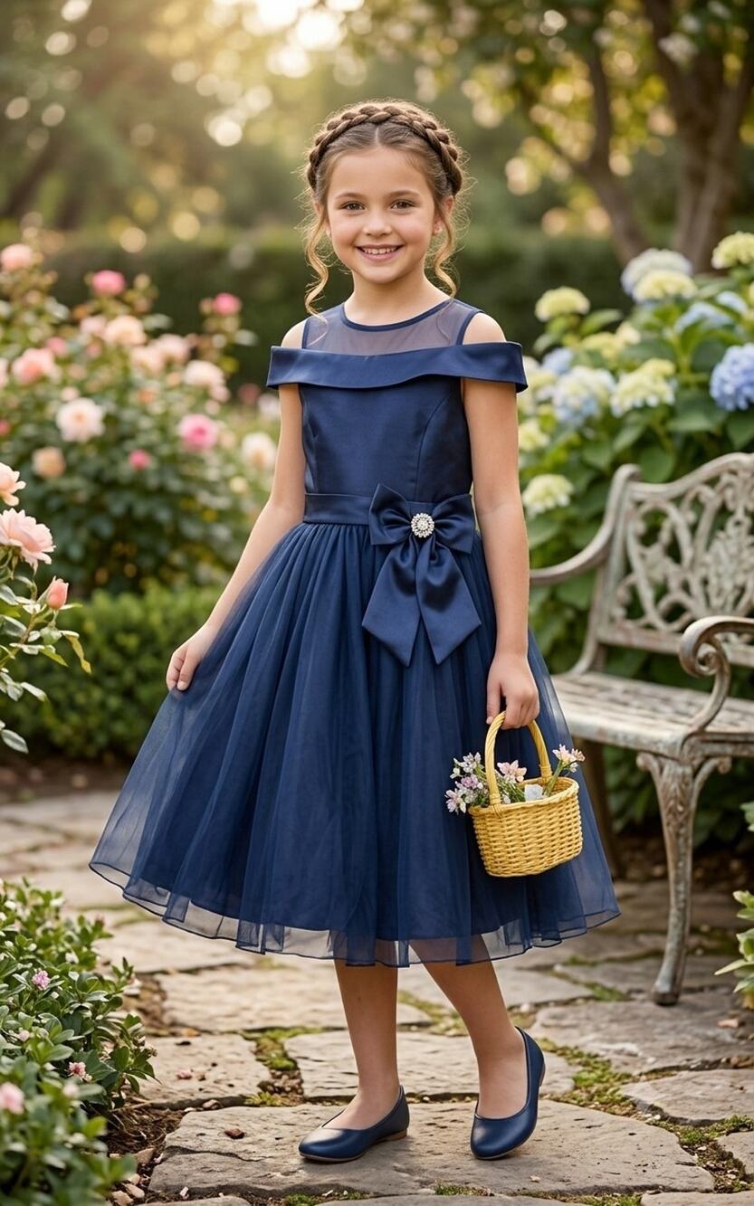 Rare Editions Girls Navy Blue Tulle Party Dress Rhinestone Bow Size 8